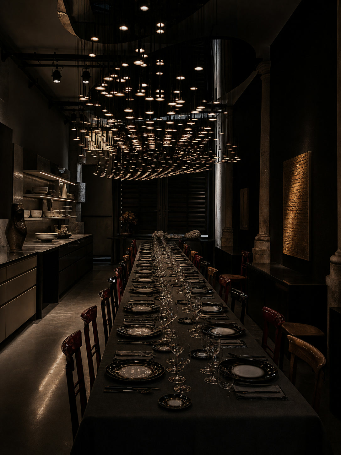 Long private table under dark gallery lights