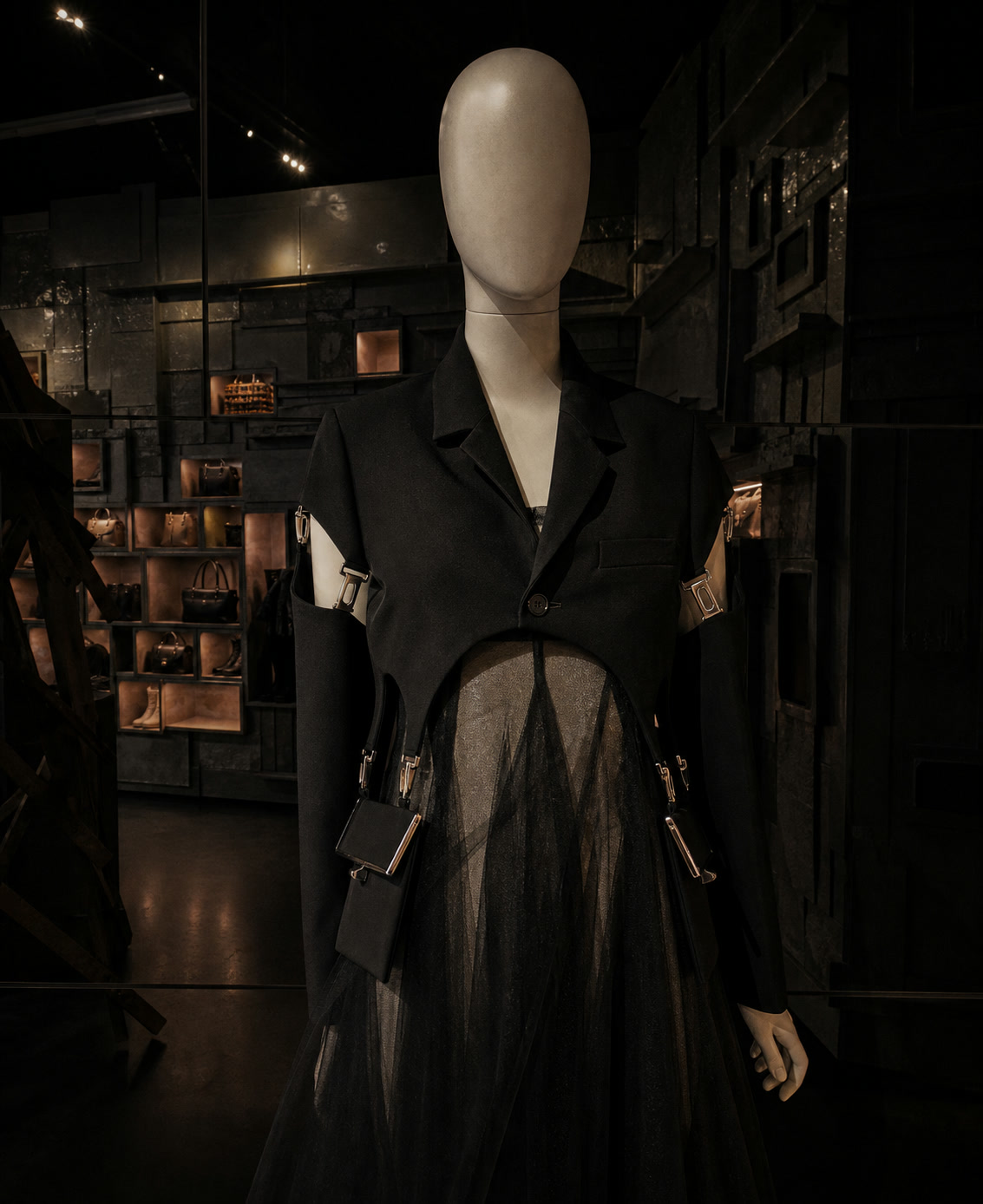 Dark premium mannequin styling in private boutique